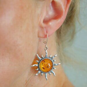 Baltic Amber Large Sun Earrings in 925 Sterling Silver